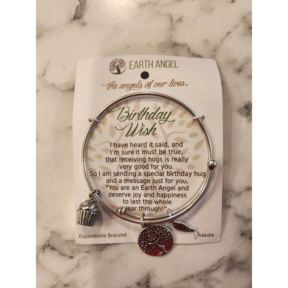 Earth Angel Expandable Bracelet With Charms Birthday Wish Silver Tone